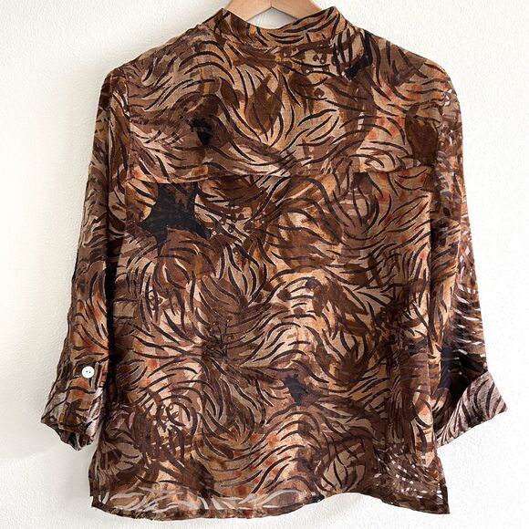 Ruby Rd Blouse Size M Semi Sheer Burnout Floral Tropical Brown Forest Fairy - Picture 3 of 12
